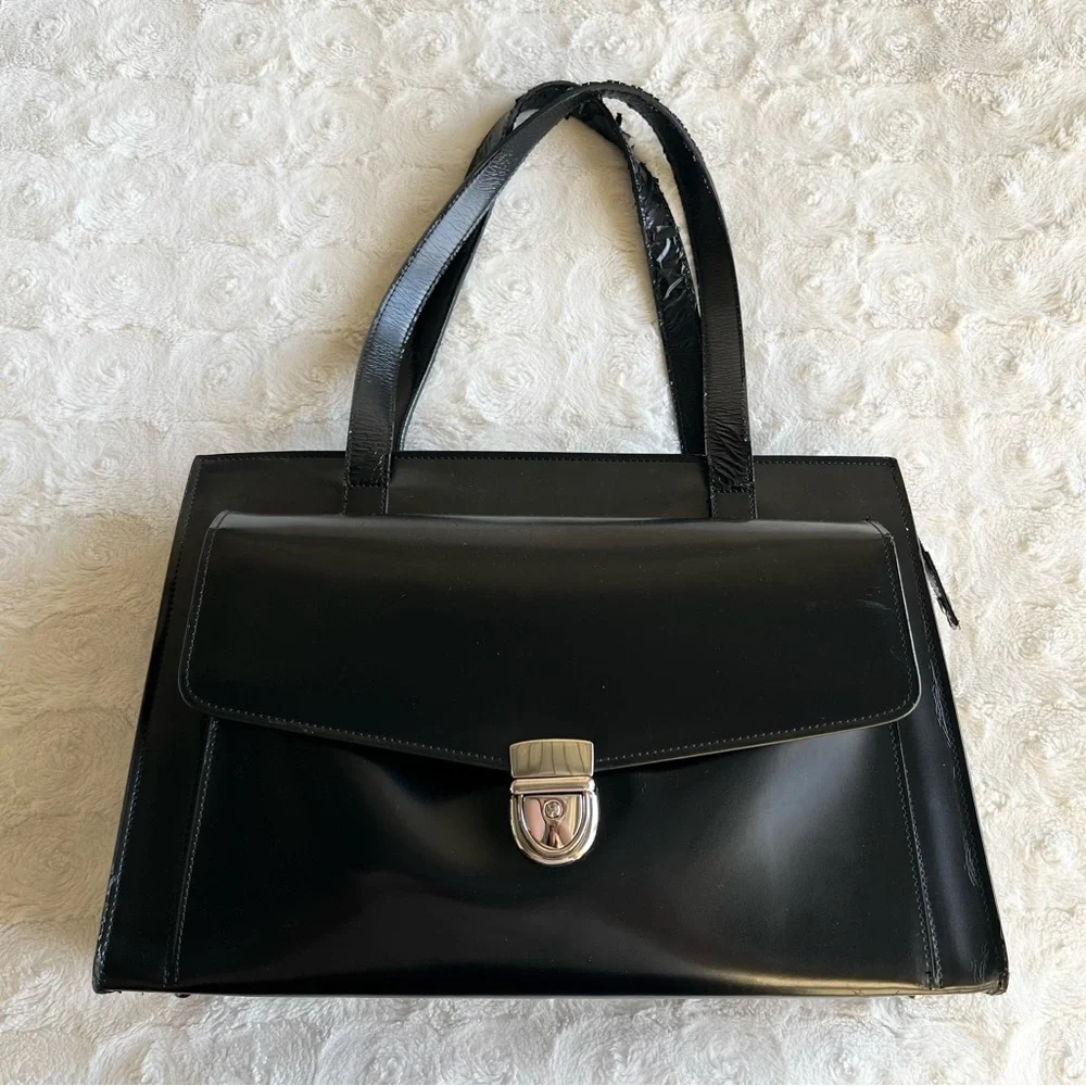 Jack Georges Bag Briefcase Womens Black Italian Leather Laptop Sleeve Zip *READ*